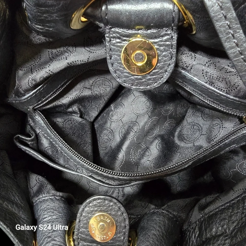 Michael Kors East West Black Pebbled Leather Bucket Bag Round Handles Large